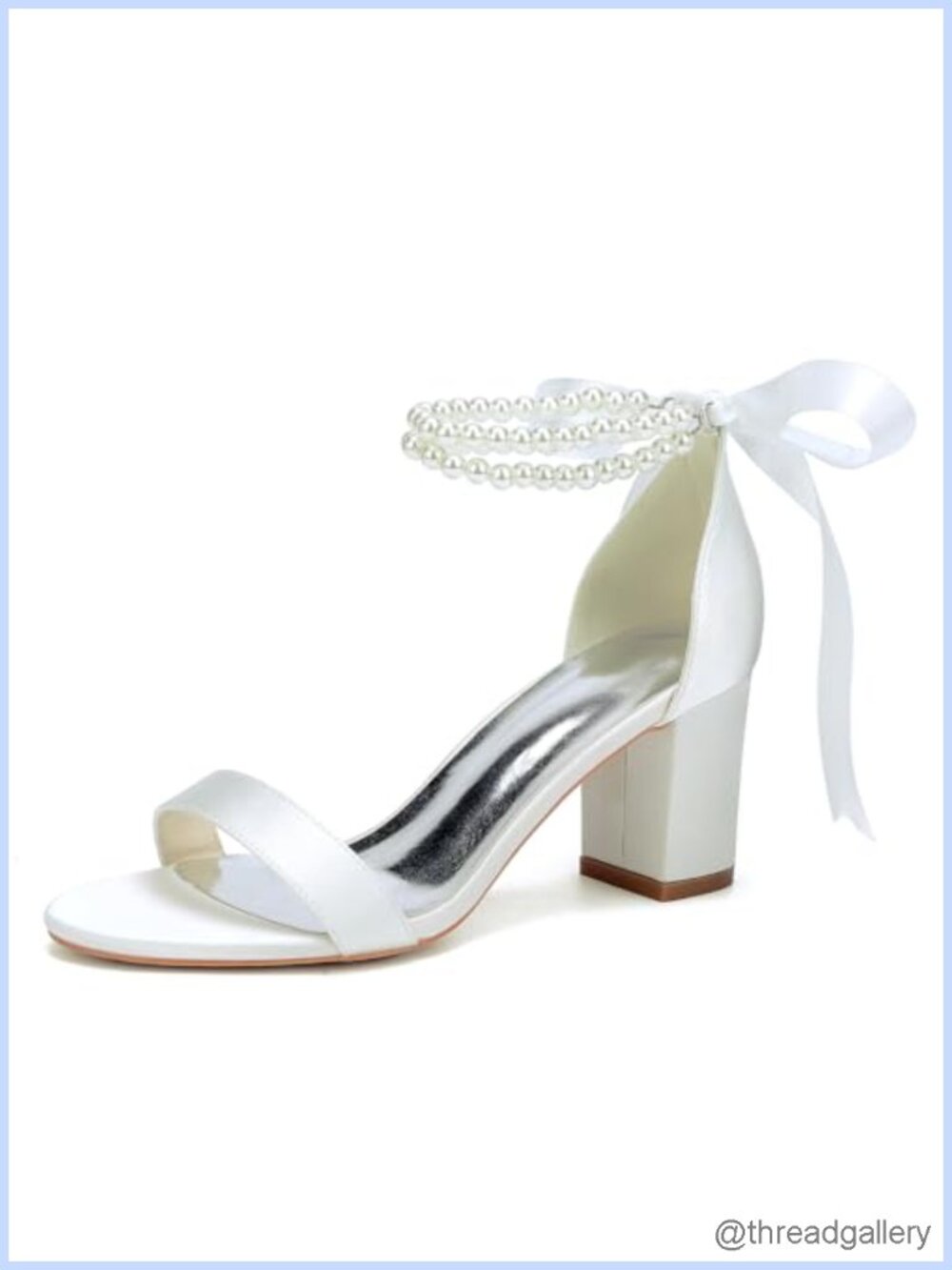 Satin Block Heel Ankle Strap Wedding Sandals Pearl Open Toe Bridal Heels